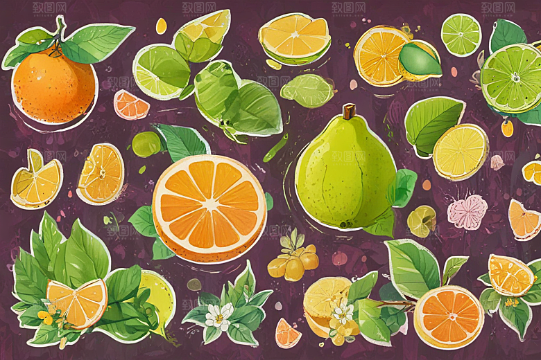 手绘水果插画展现多彩柑橘类图片