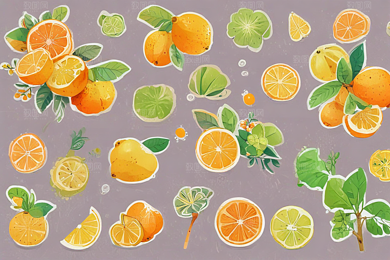 手绘水果插画展现多彩柑橘类图片