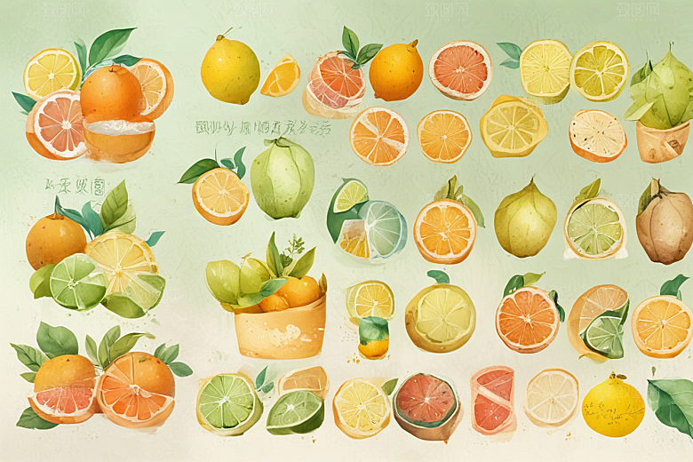 手绘水果插画展现多彩柑橘类图片