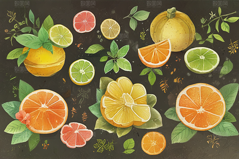 手绘水果插画展现多彩柑橘类图片