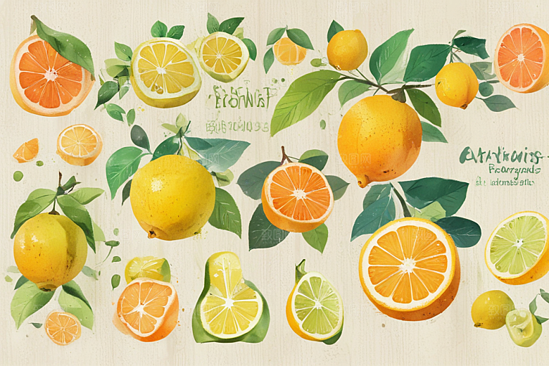手绘水果插画展现多彩柑橘类图片