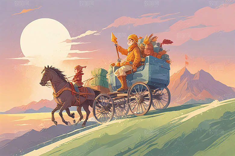 复古手绘西部牛仔夕阳风光插画图片