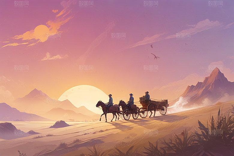复古手绘西部牛仔夕阳风光插画图片