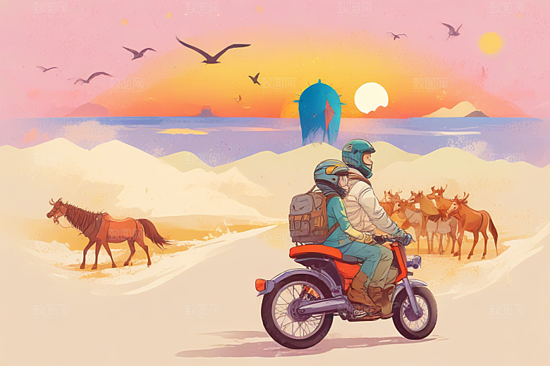 复古手绘西部牛仔夕阳风光插画图片