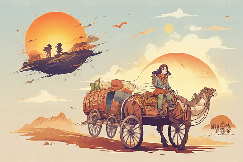 复古手绘西部牛仔夕阳风光插画图片