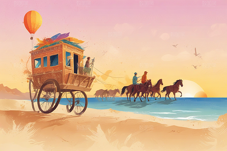 复古手绘西部牛仔夕阳风光插画图片