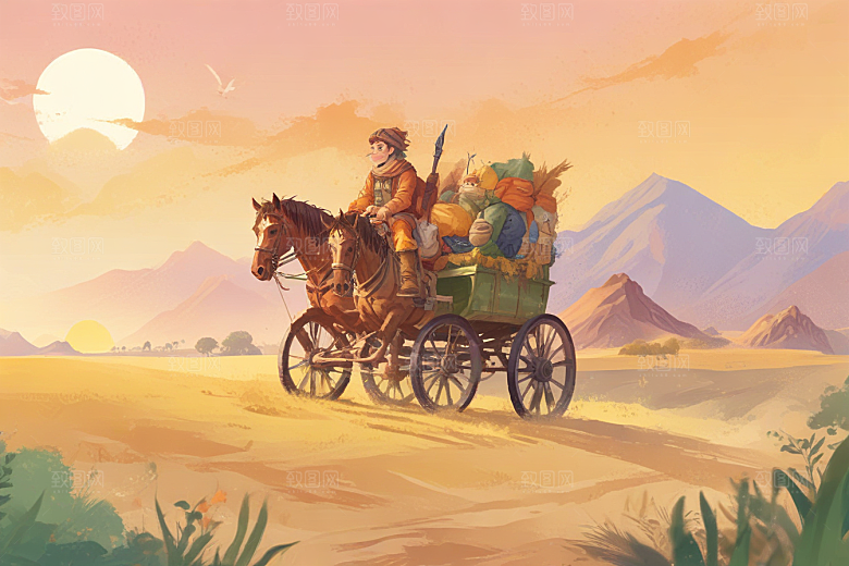 复古手绘西部牛仔夕阳风光插画图片