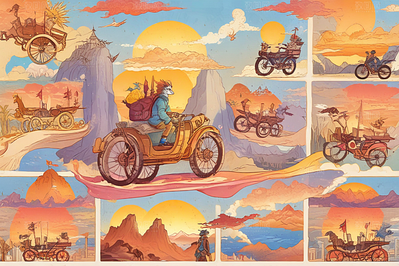 复古手绘西部牛仔夕阳风光插画图片