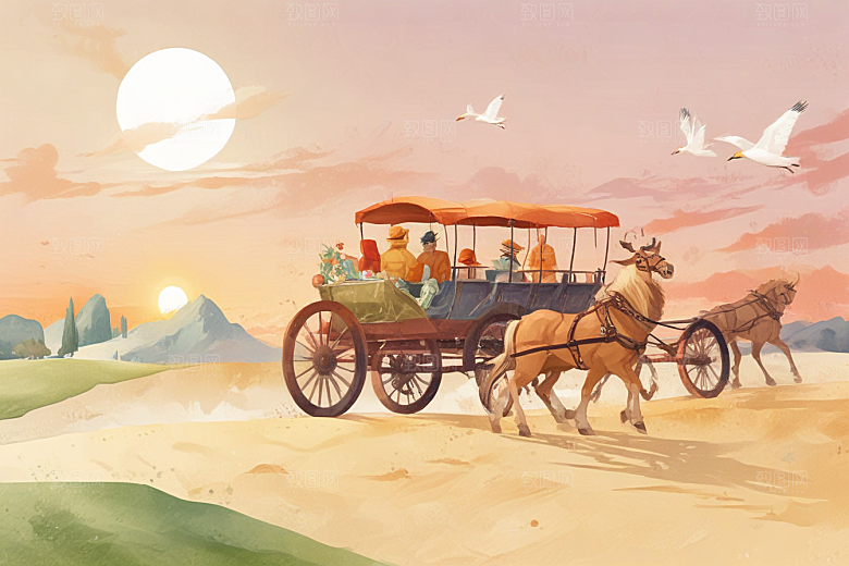 复古手绘西部牛仔夕阳风光插画图片
