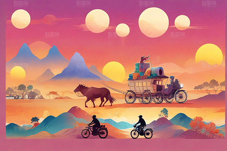 复古手绘西部牛仔夕阳风光插画图片