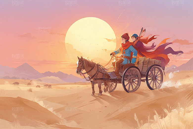 复古手绘西部牛仔夕阳风光插画图片