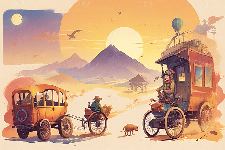 复古手绘西部牛仔夕阳风光插画图片
