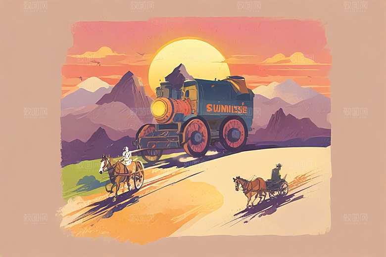 复古手绘西部牛仔夕阳风光插画图片