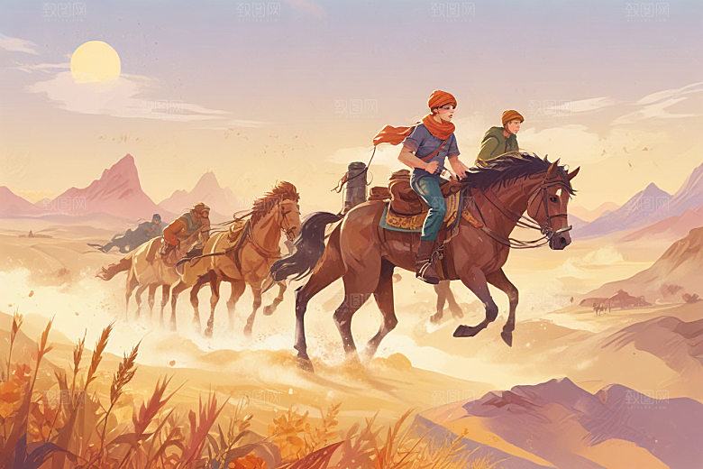 复古手绘西部牛仔夕阳风光插画图片