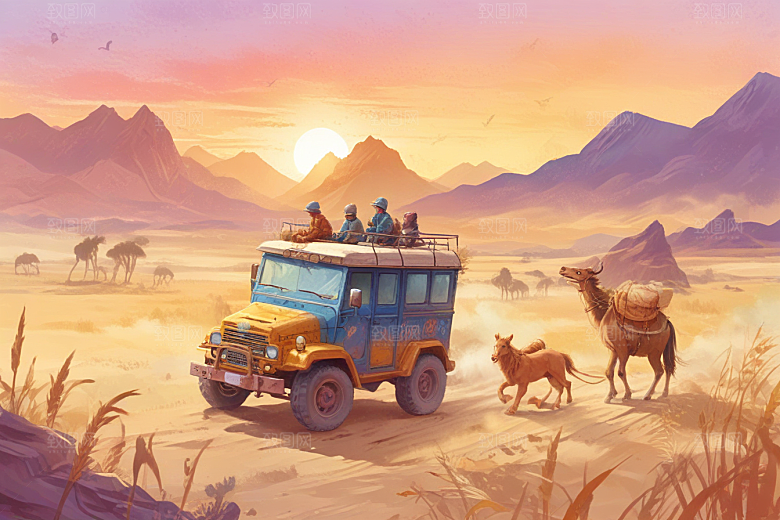 复古手绘西部牛仔夕阳风光插画图片