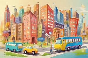 治愈系手绘城市风景蓝巴士图片