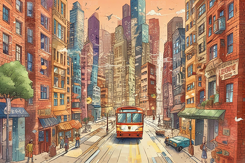 治愈系手绘城市风景蓝巴士图片