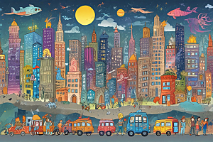 治愈系手绘城市风景蓝巴士图片