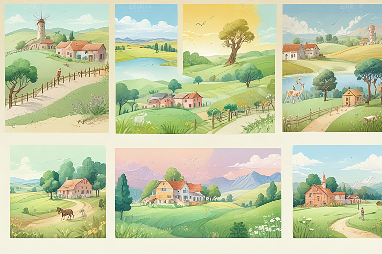 田园风光插画乡村小屋溪流图片