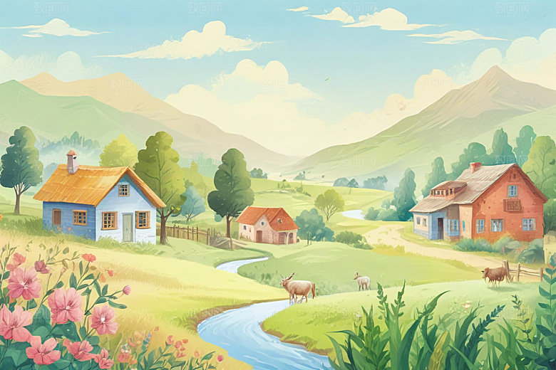 田园风光插画乡村小屋溪流图片