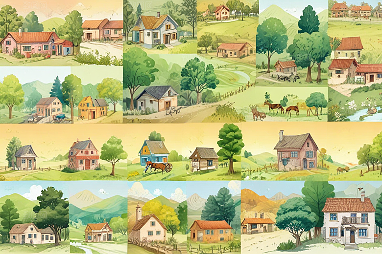 田园风光插画乡村小屋溪流图片