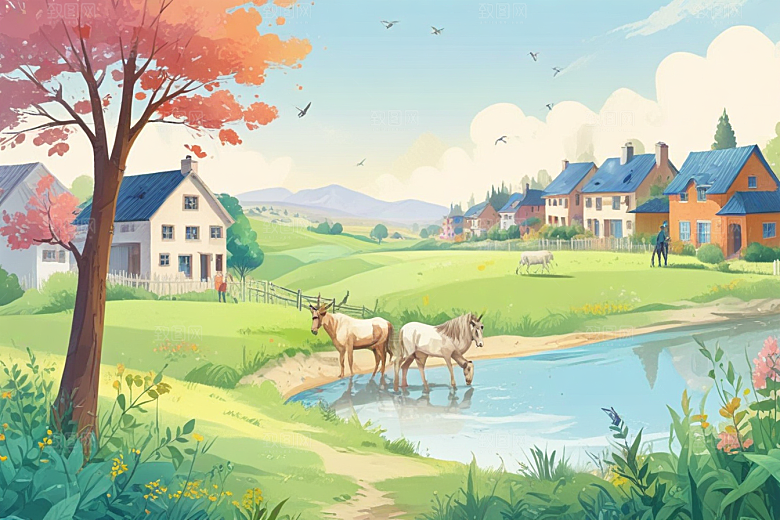 田园风光插画乡村小屋溪流图片