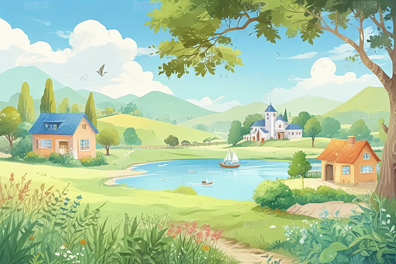 田园风光插画乡村小屋溪流图片