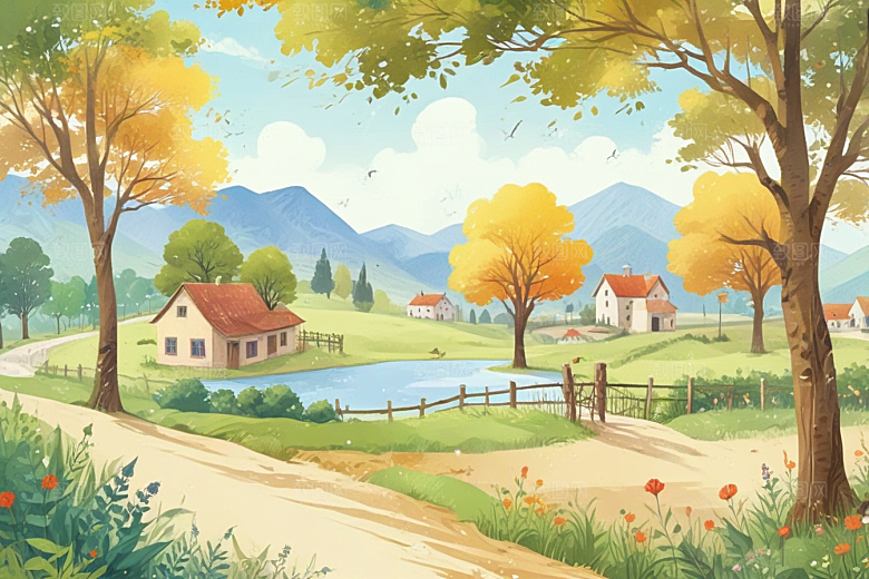 田园风光插画乡村小屋溪流图片