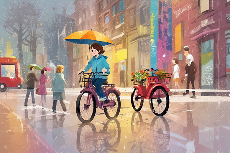 雨中骑行快乐时光图片