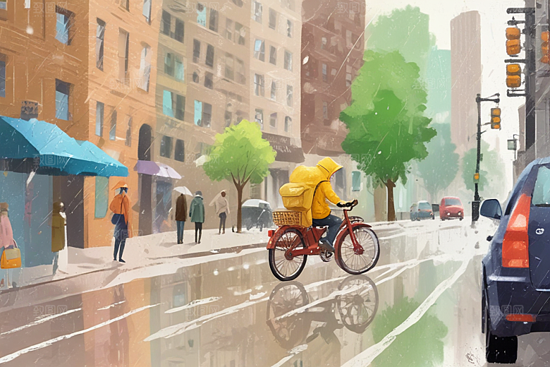 雨中骑行快乐时光图片