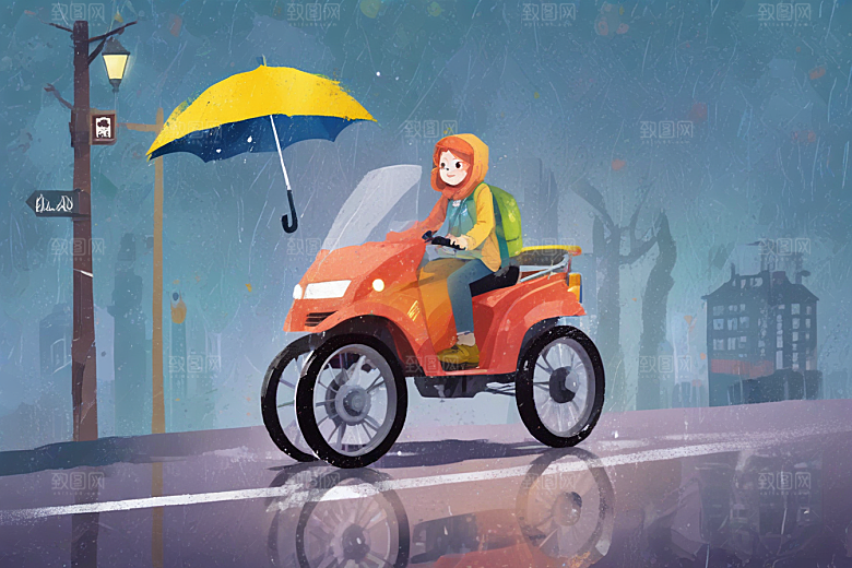 雨中骑行快乐时光图片