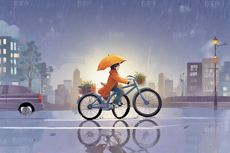 雨中骑行快乐时光图片
