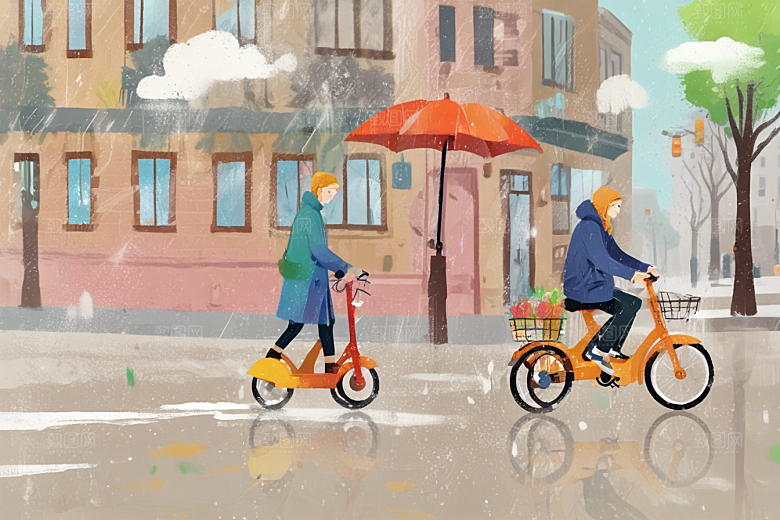 雨中骑行快乐时光图片