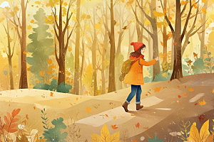 秋日森林徒步女孩图片