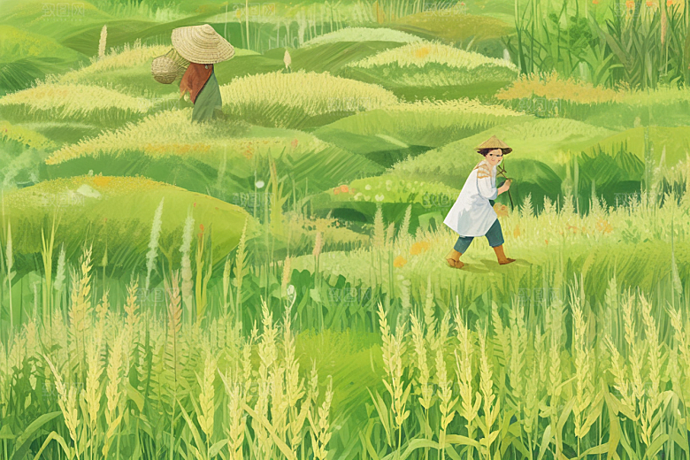 田园风光插画麦田山脉晴朗天空图片