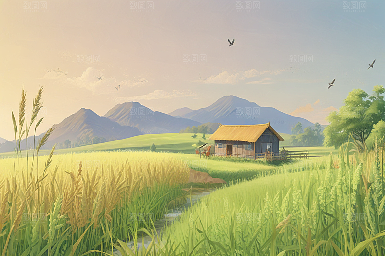 田园风光插画麦田山脉晴朗天空图片