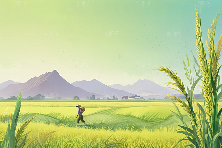 田园风光插画麦田山脉晴朗天空图片
