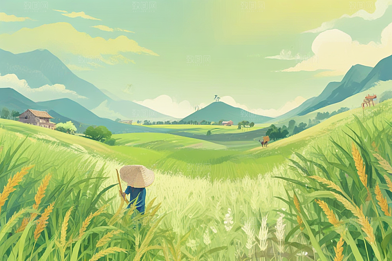 田园风光插画麦田山脉晴朗天空图片