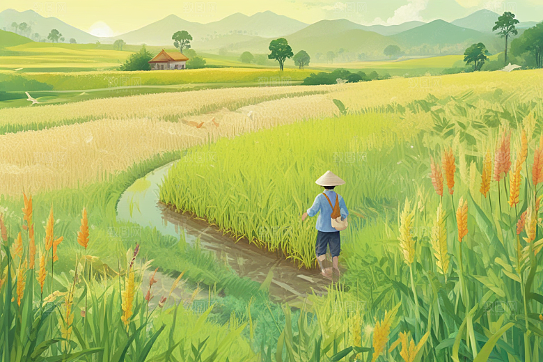 田园风光插画麦田山脉晴朗天空图片