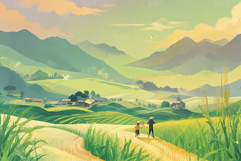田园风光插画麦田山脉晴朗天空图片