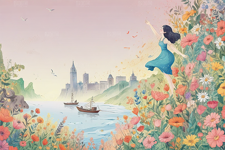 春日幻想插画景象图片