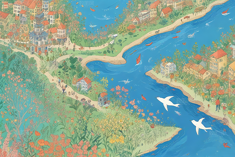 春日幻想插画景象图片