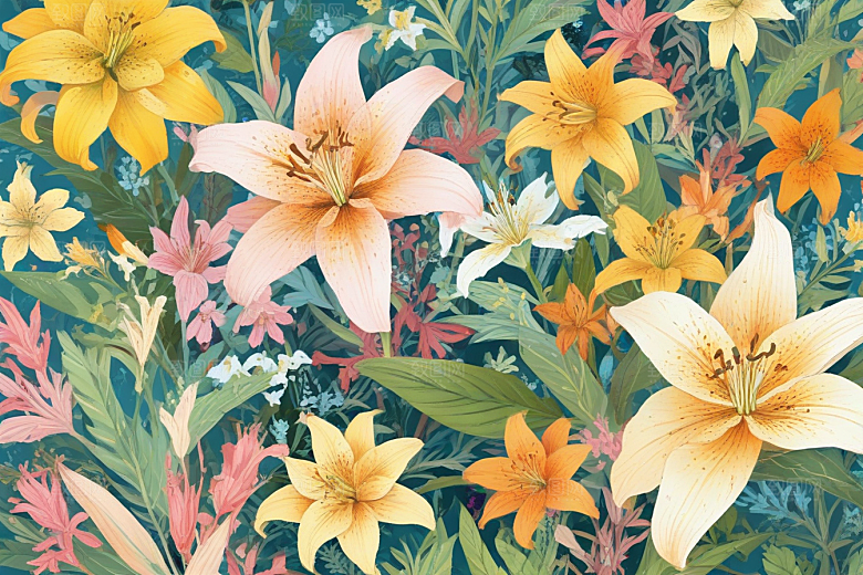 粉色白色黄色的百合花还有其他种类的