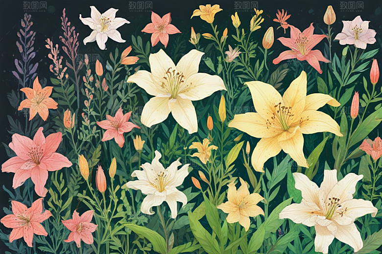 粉色白色黄色的百合花还有其他种类的