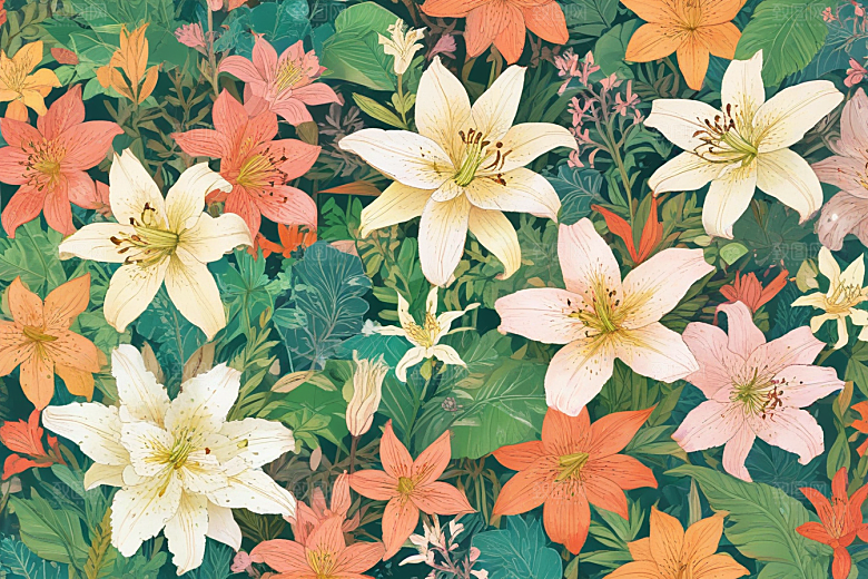 粉色白色黄色的百合花还有其他种类的