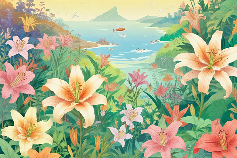 粉色白色黄色的百合花还有其他种类的
