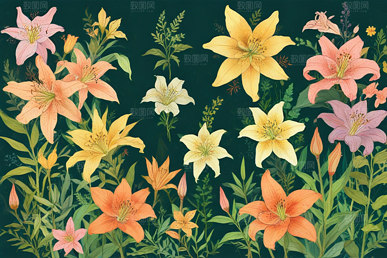粉色白色黄色的百合花还有其他种类的