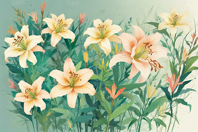 粉色白色黄色的百合花还有其他种类的