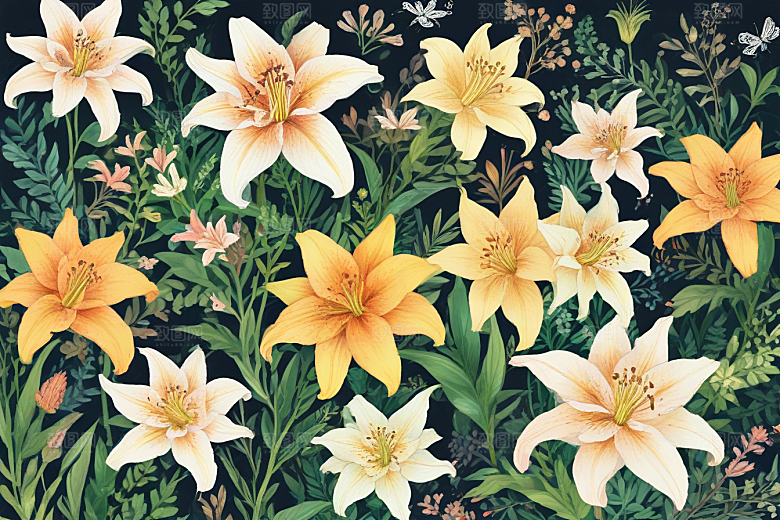 粉色白色黄色的百合花还有其他种类的