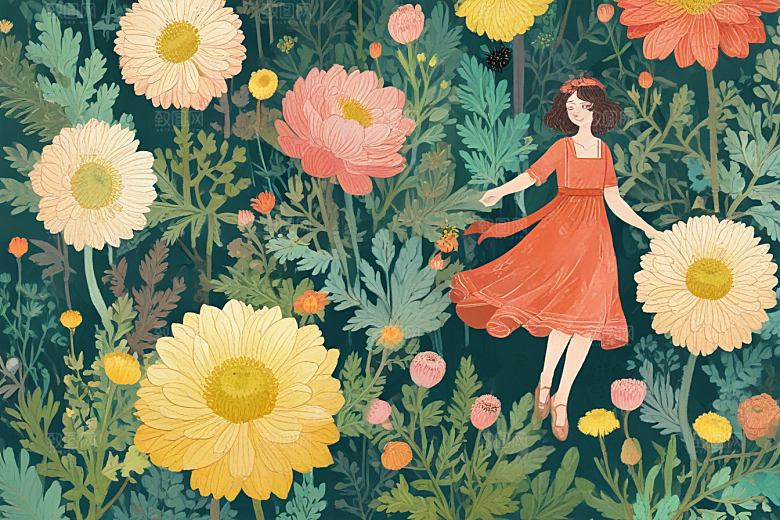 标题：花海漫步，优雅赏花人图片